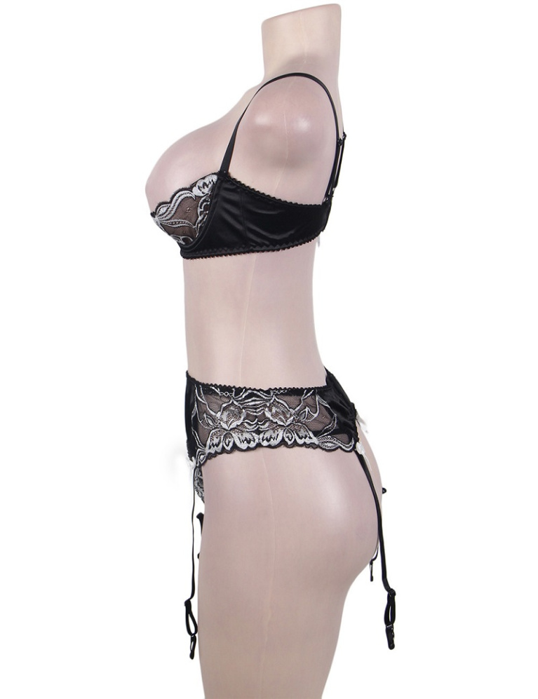 Ohyeah - Open Bra Set w Garter Panty - Black - XL photo