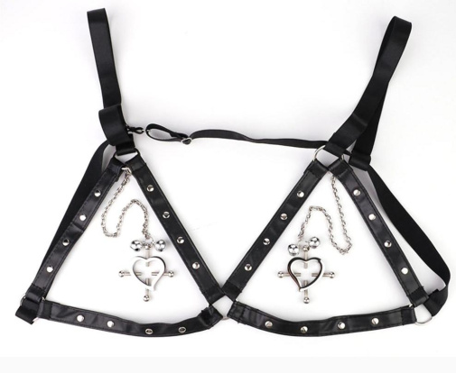 FAAK - Heart Screw Nipple Clamps Belt - Black 照片