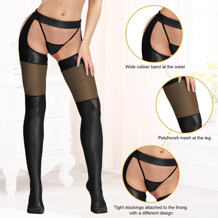 Ohyeah - Faux Leather Stockings - Black - M photo
