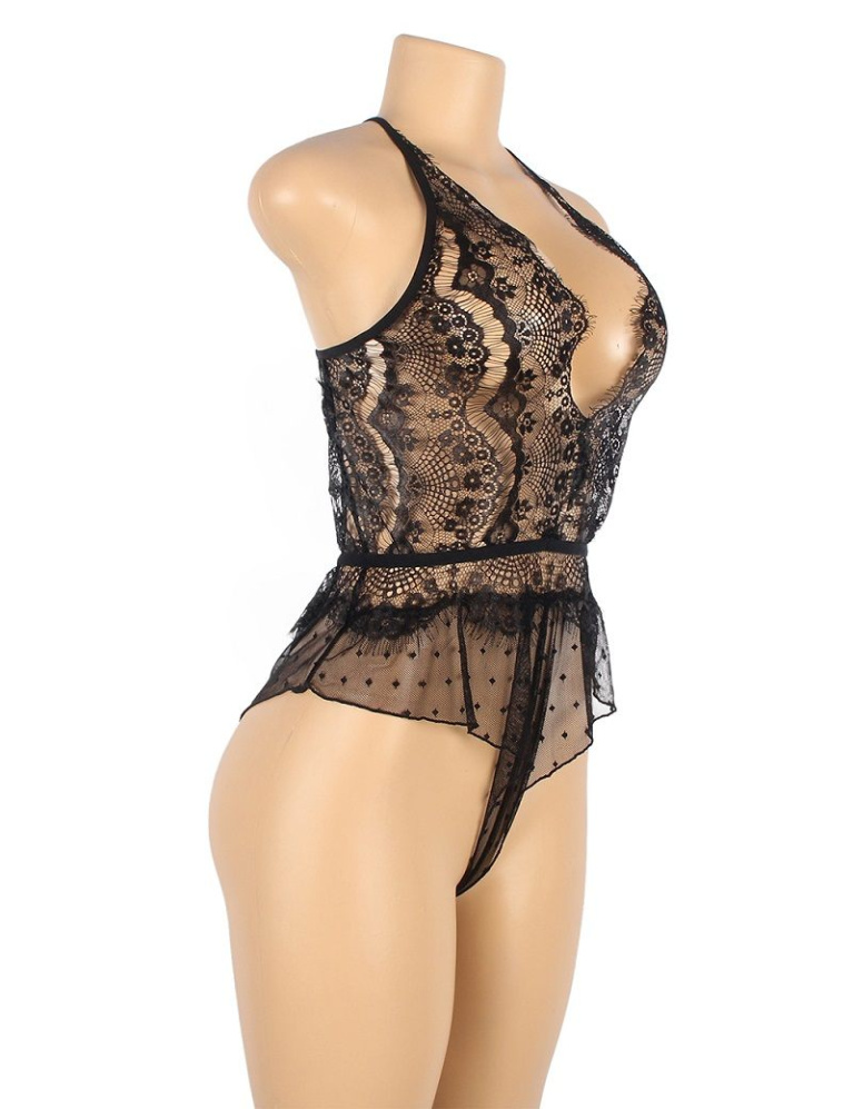 Ohyeah - Lace Floral Sheer Teddy - Black - M photo