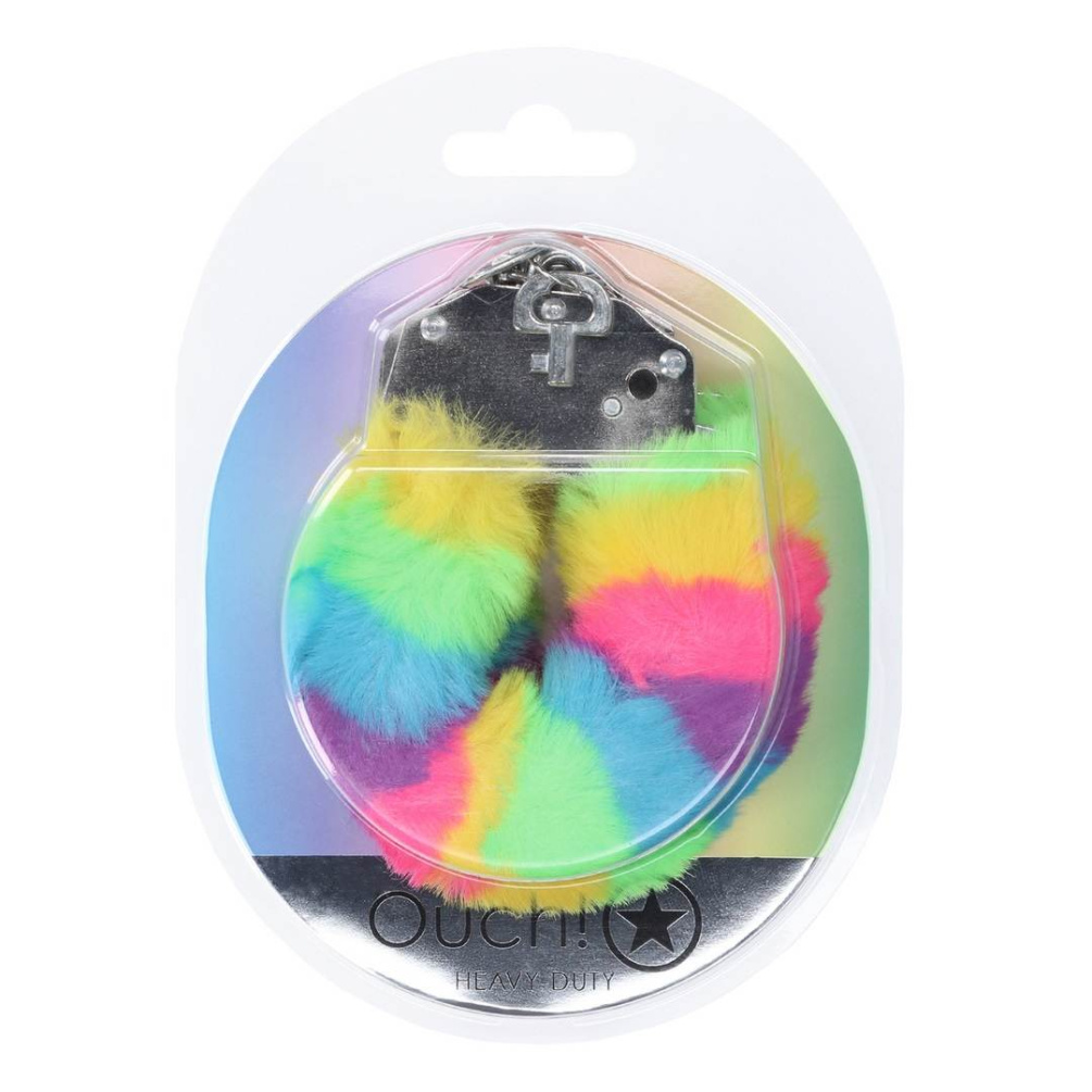 Ouch - Heavy-Duty Fluffy Hand Cuffs - Rainbow 照片-2