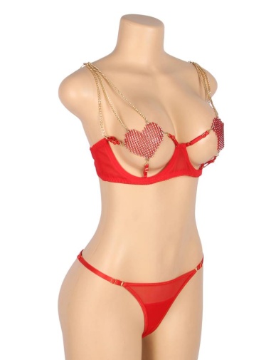 Ohyeah - Chain Heart Mesh Bra Set - Red - M 照片