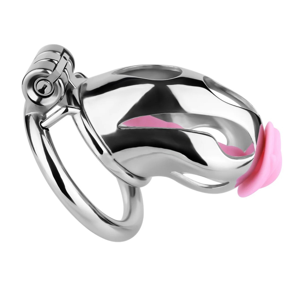 FAAK - Metal Chastity Cage 312 w Catheter M - Pink photo-3