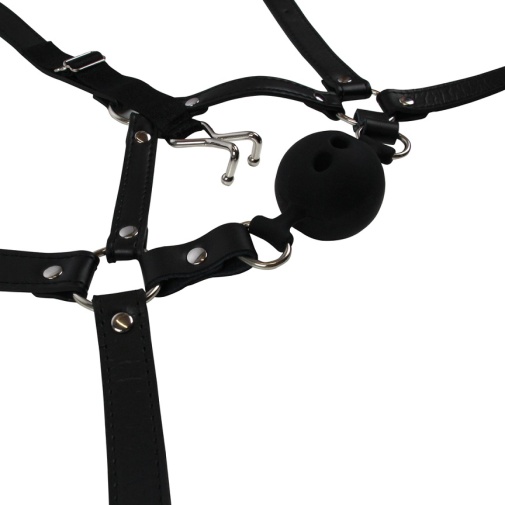 Ouch - Head Harness w Breathable Ball Gag & Nose Hooks - Black photo