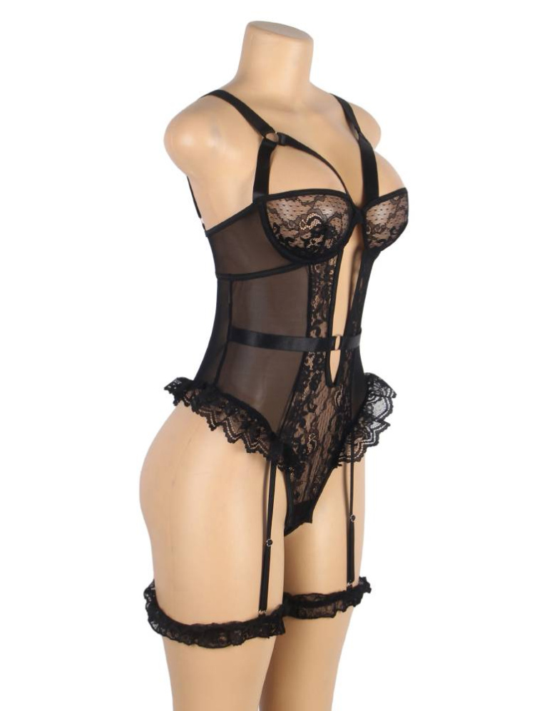 Ohyeah - 蕾丝吊带连身内衣 - 黑色 - 加大码 照片