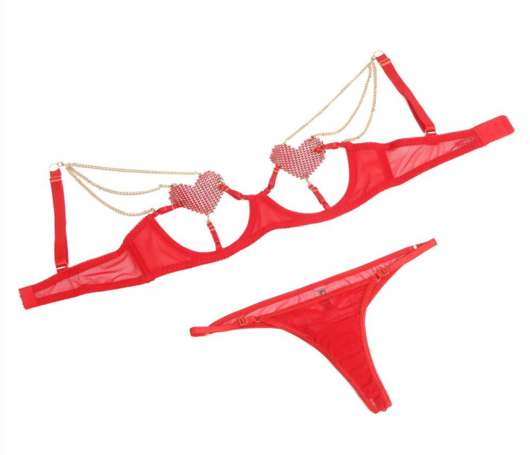 Ohyeah - 锁链心型网状内衣套装 - 红色 - 大码 照片