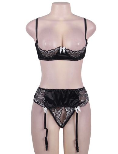 Ohyeah - Open Bra Set w Garter Panty - Black - 3XL 照片