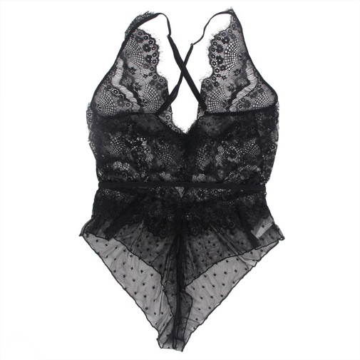 Ohyeah - Lace Floral Sheer Teddy - Black - XL photo