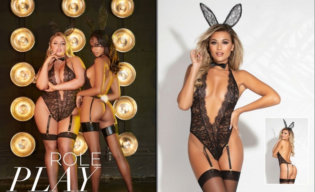 Three piece bunny set. Lace teddy with plunging neckline, ha... STM - Midnight Hop Bunny Set - Black photo-3