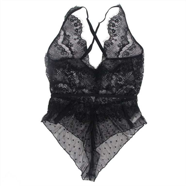 Ohyeah - Lace Floral Sheer Teddy - Black - 3XL photo