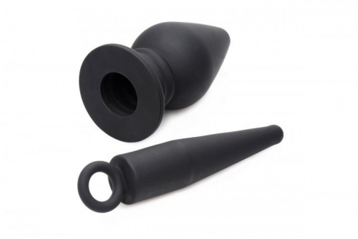 Master Series - Plunged Hollow Silicone Butt Plug with Insert - Black photo