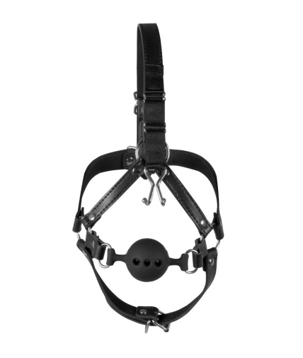 Ouch - Head Harness w Breathable Ball Gag & Nose Hooks - Black photo