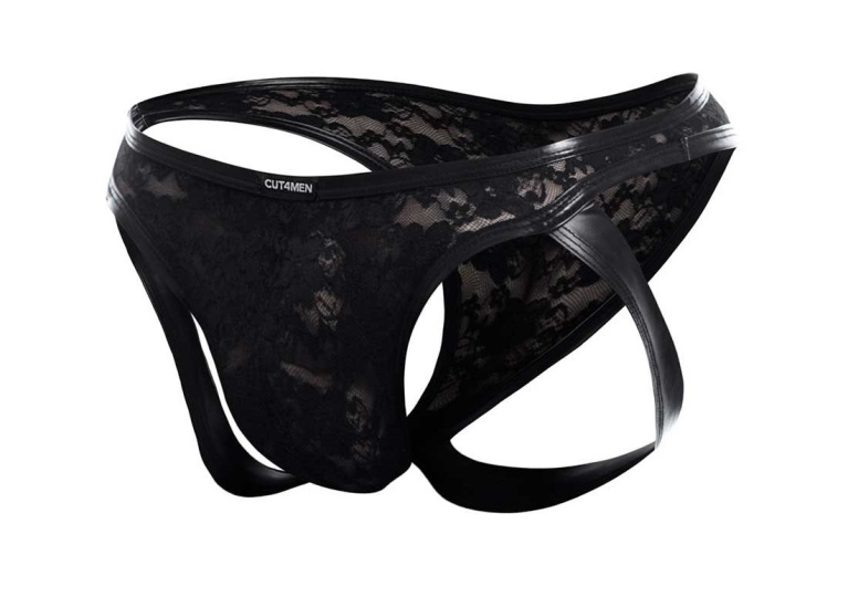 Cut4men - 蕾絲皮革男士三角褲 - 黑色 - 細碼 照片