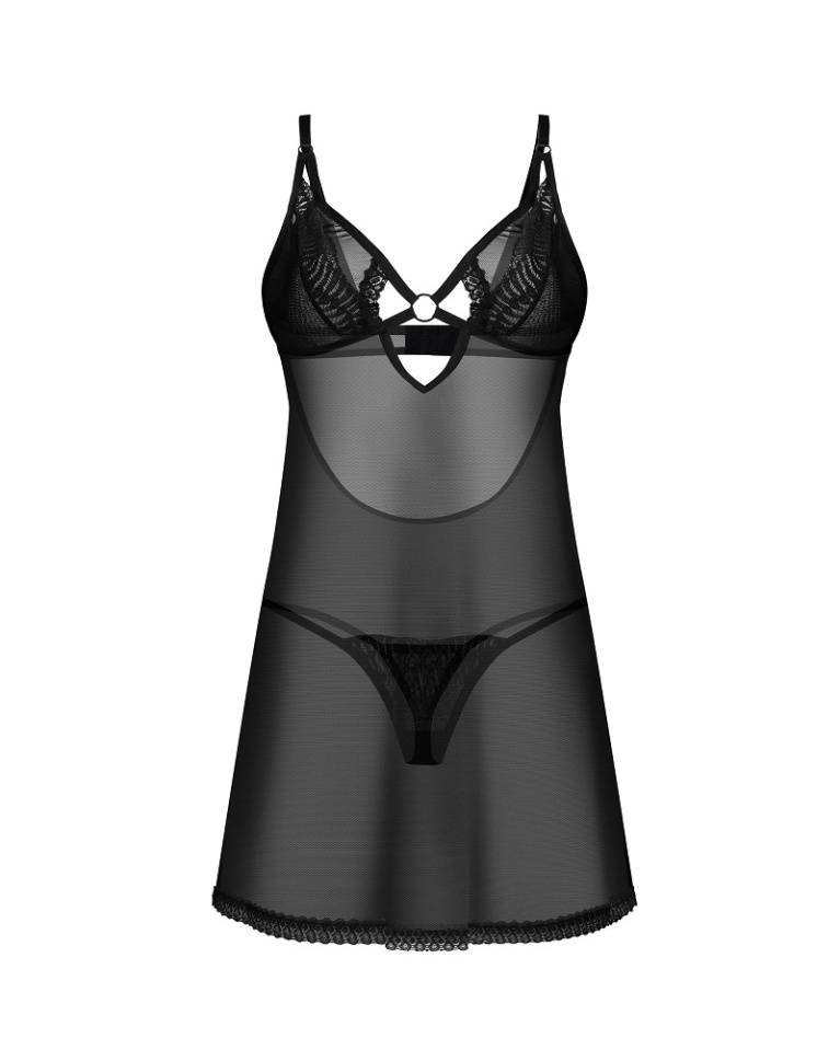 Obsessive - Alliane 透視連身裙內衣 及丁字褲 - 黑色 - 大碼/加大碼 照片